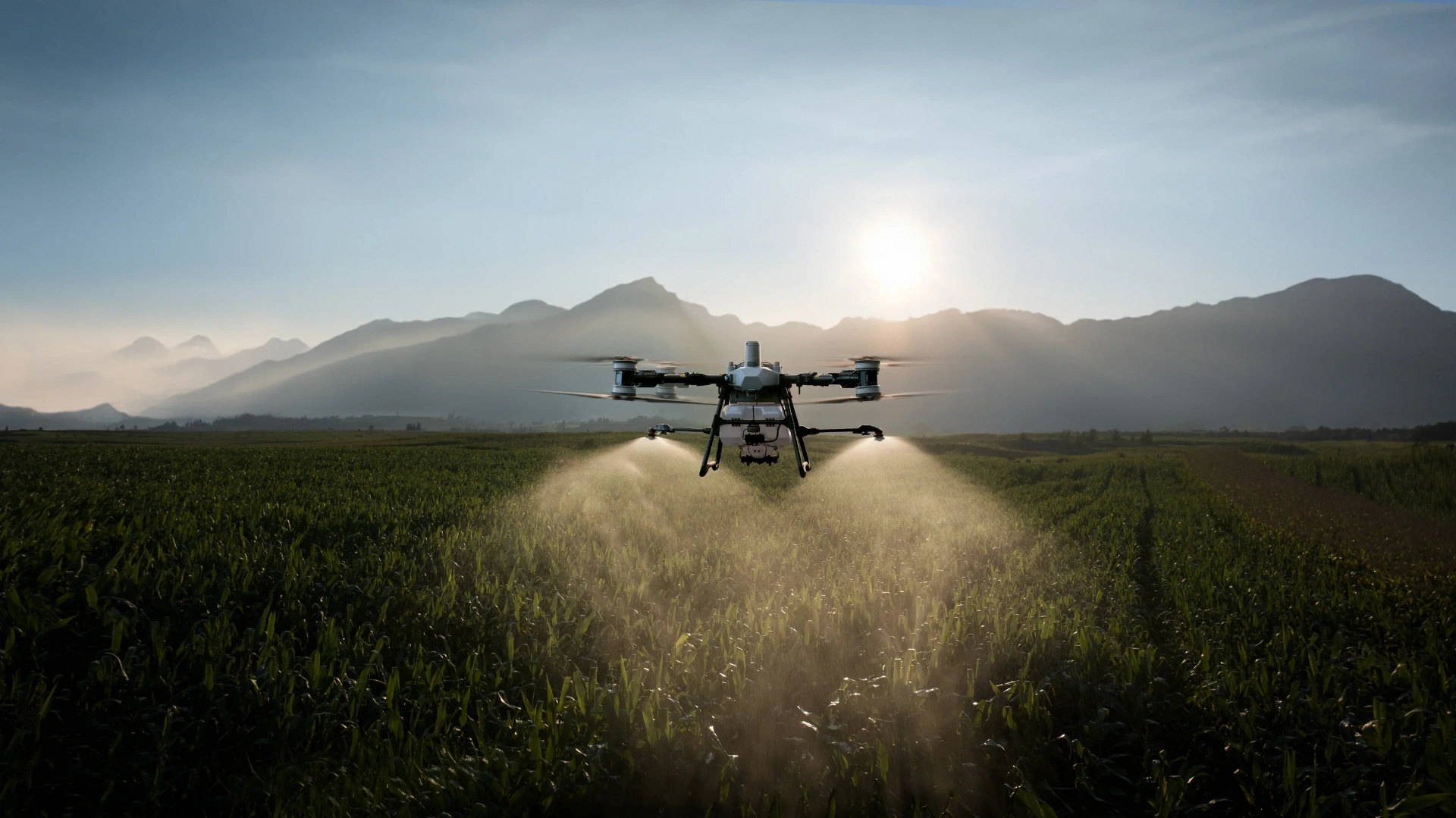 Agricultural spray drone in operation over broadacre crops in Far North Queensland